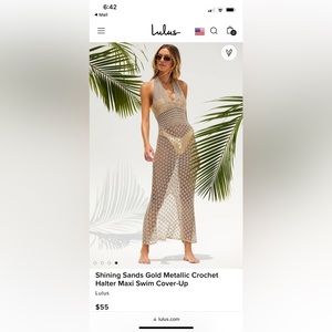 Shining Sands Gold Metallic Crochet Halter Maxi Swim Cover-Up size small